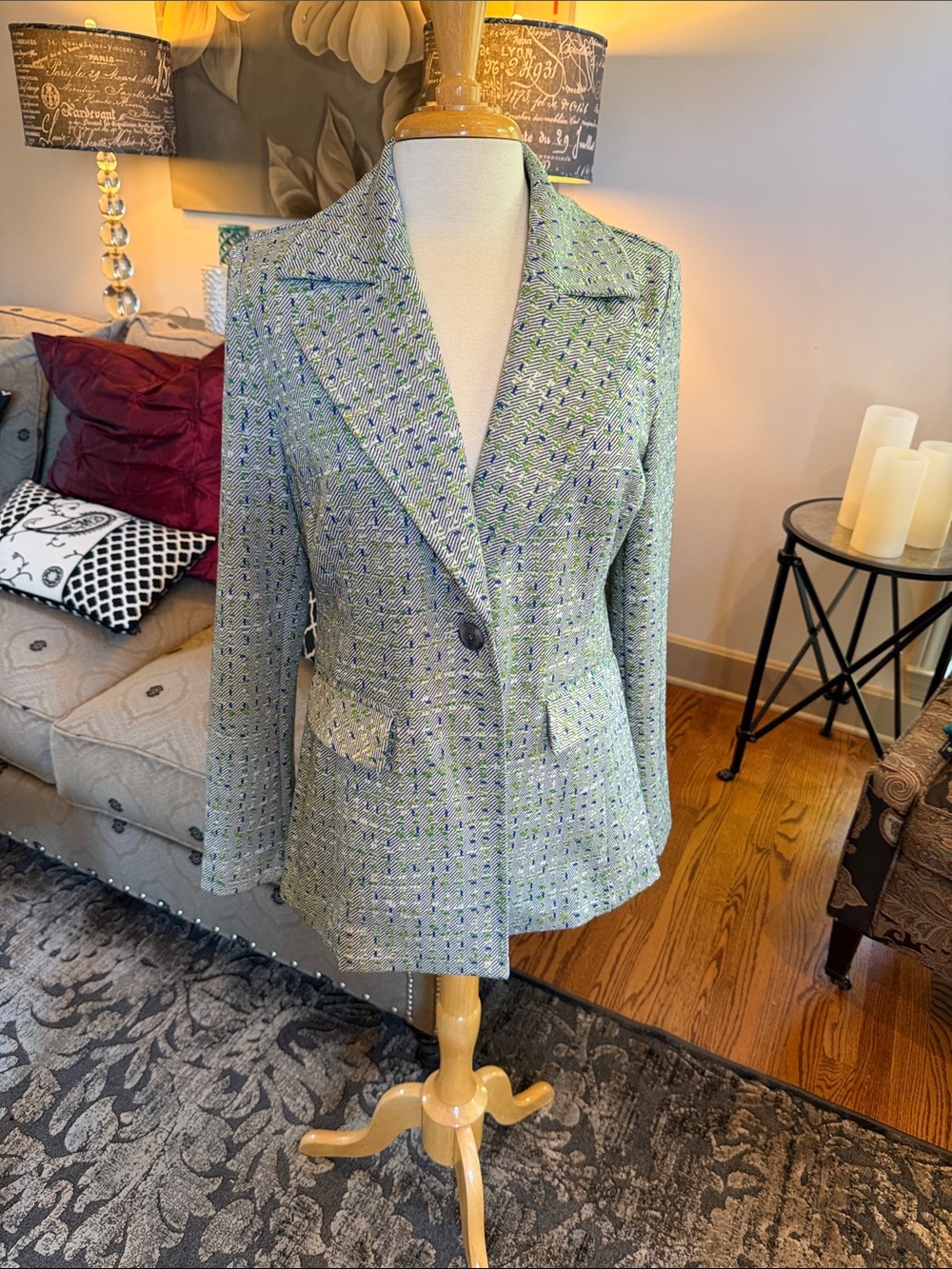 Women’s Tweed Blazer Jacket in Light Green - Classic Single-Button cabi #6251